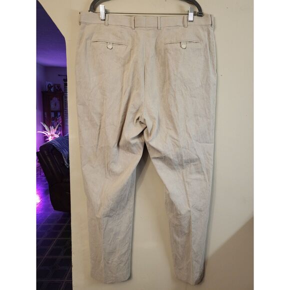 Alan Flusser Men Cream Striped Flat Front Dress Pant Size 40x32 Business Casual - Picture 2 of 6